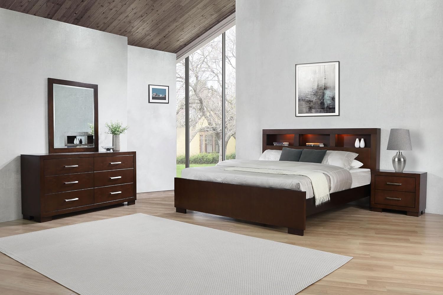 Coaster Home Furnishings Jessica Contemporary 4-Piece Bedroom Set Queen Size LED Storage Bookcase Bed Frame 47-inch Headboard Cappuccino 200719Q-S4