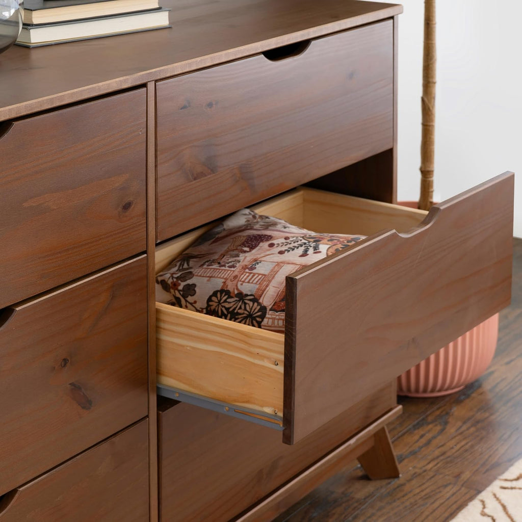 Powell Fordham Walnut Solid Pine Wood Twin Sized Platform Bed with Six Drawer Dresser and Set of 2 Two Drawer Nightstands