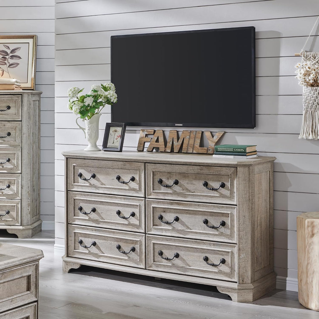 T4TREAM Farmhouse 6 Drawers Dresser for Bedroom, 54' Wide Wood Rustic Chest of Drawers with Natural Texture, Vintage Design, Storage Dressers Organizer for Bedroom, Living Room Light Rustic Oak