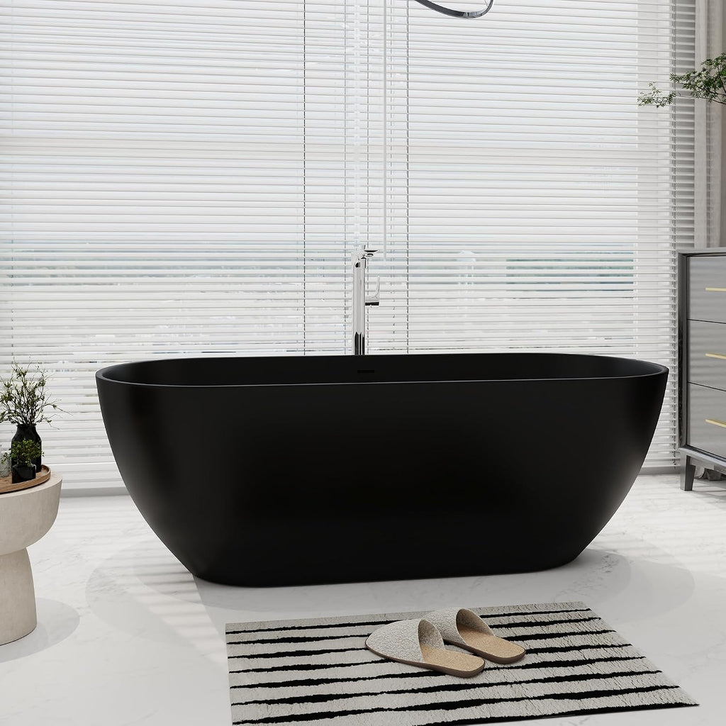 SJ STAR&JANE 69' Solid Surface Freestanding Bathtub Oval Stone Resin Soaking Tub Modern Stand Alone Tub with Overflow & Pop-up Drain, Matte Black for Bathrooms