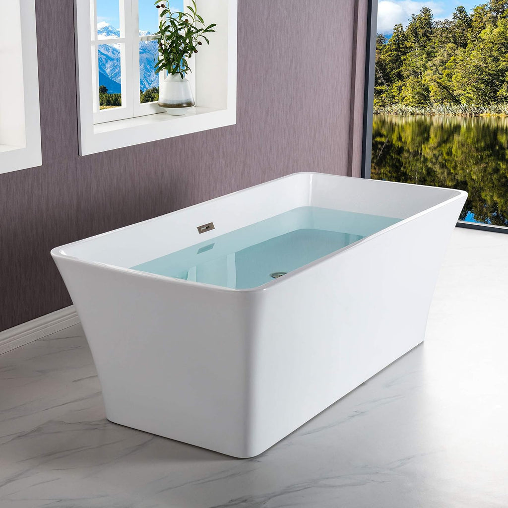 WOODBRIDGE 59' Freestanding White Acylic Soaking Bathtub with Drain Kit and Floor Mount Tub Filler, BTA1509-B/N-Drain &O +F0001BNSQ, With Brushed Nickel Drian