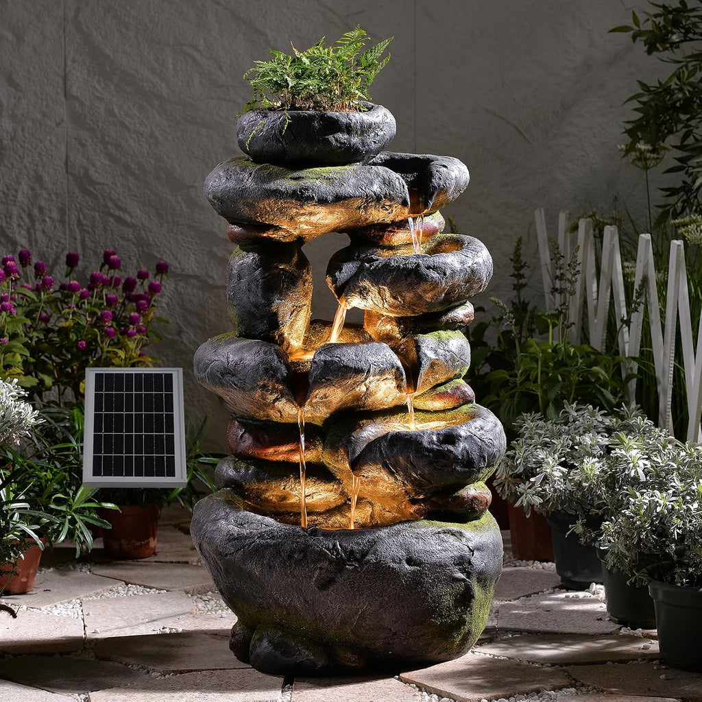 5-Tier Solar Water Fountain Outdoor Garden Cascading Rock Feature, 29.5''Tall Solar Powered Outside Fountains and Waterfalls with Lights for Garden, Patio, Yard, Deck Home Décor