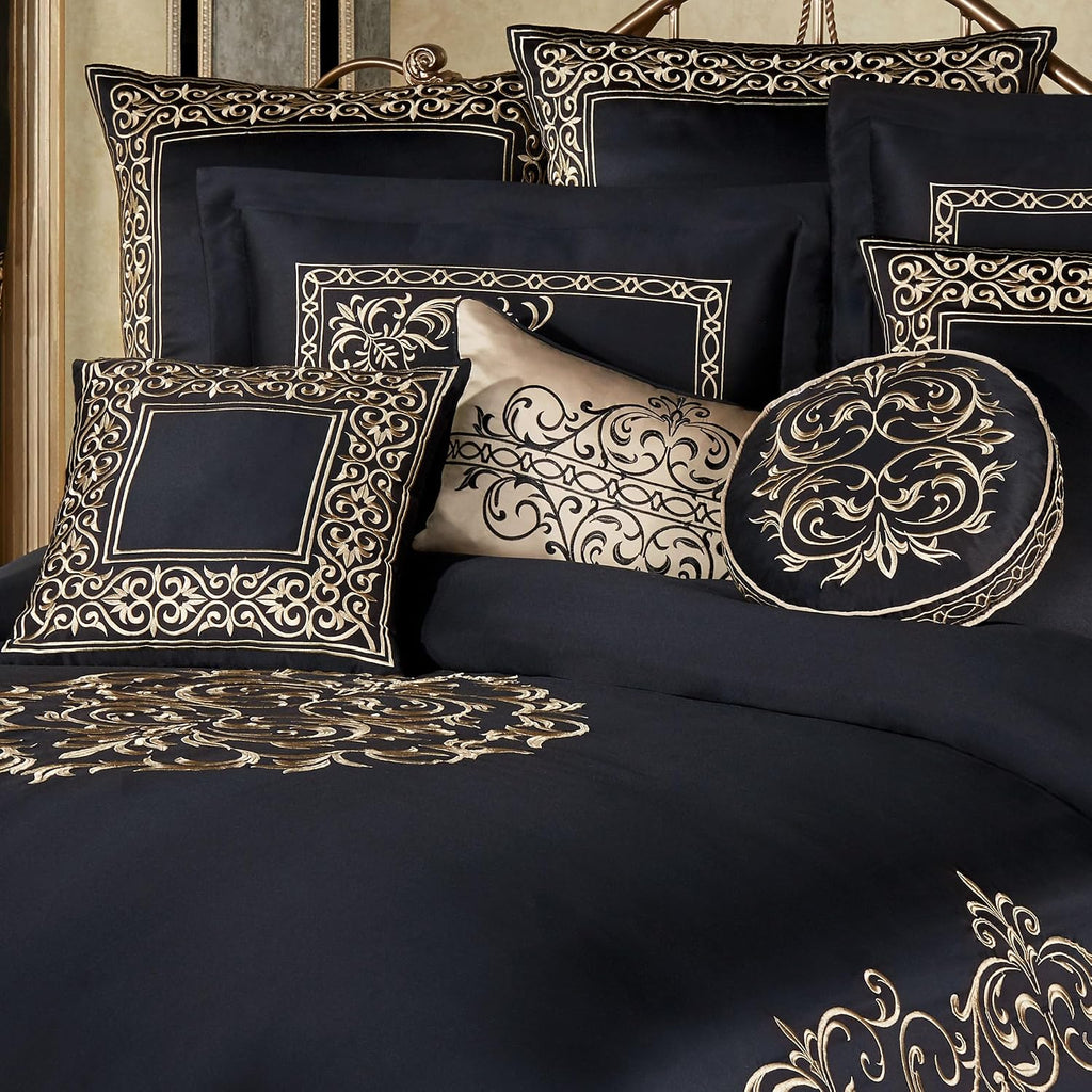 Kensington Luxury Bedding | Classic Black | Palace-Inspired Golden Scrollwork Embroidery on Sateen | 7 Piece Set Includes Queen Comforter, Bedskirt, 2 Standard Shams, and 3 Decorative Pillows