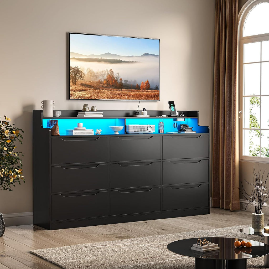 DurayLoly Black Dresser for Bedroom with LED Light & Charging Station Modern 9 Drawer Dresser for Bedroom Wood Chest of Drawers for Living Room Hallway, Anti-Tip Safety, 15.6' D x 55' W x 35.5' H