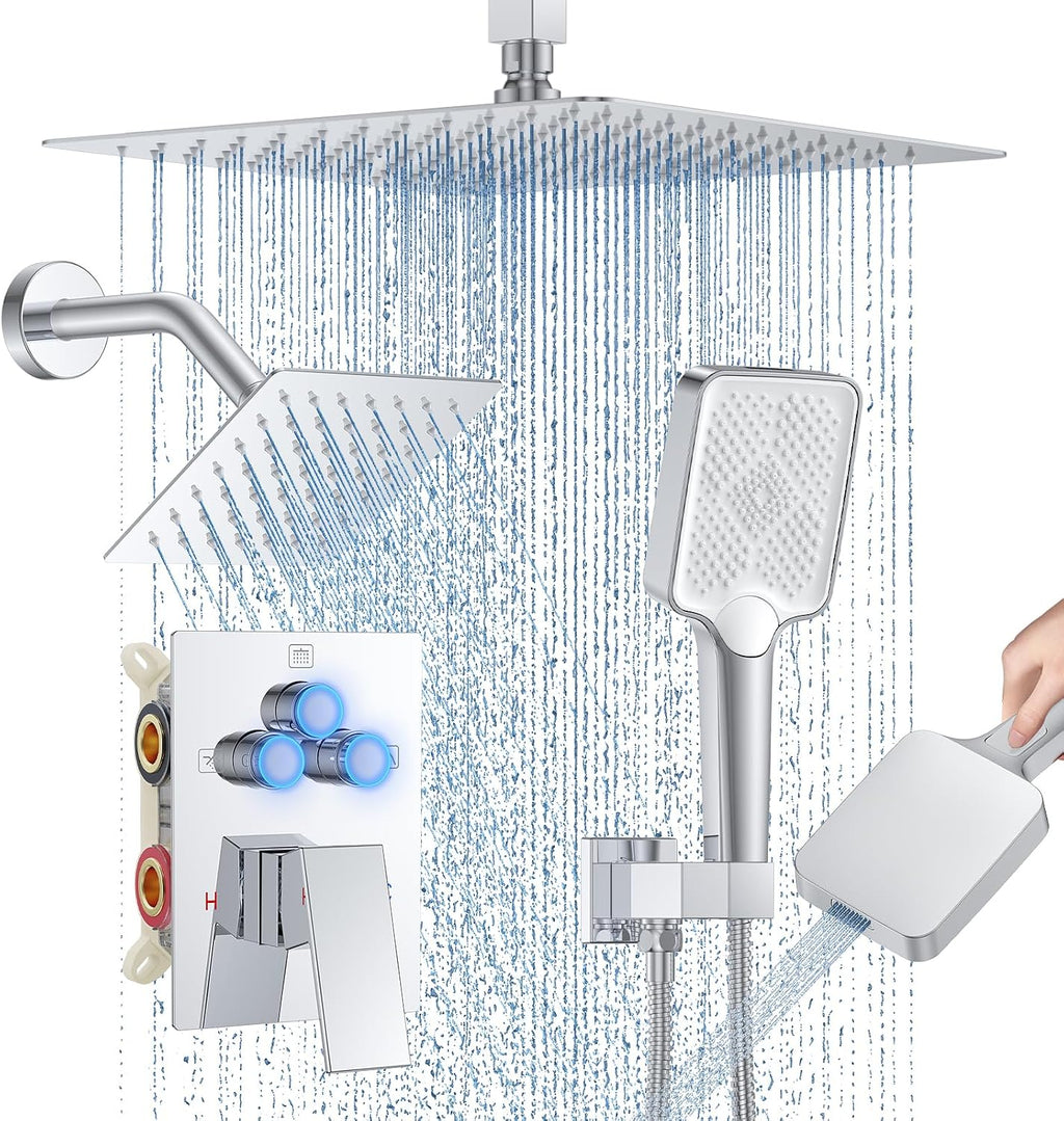 Shower Faucet Set, 12' Ceiling Mount Rainfall Shower System with 2 Rain Shower Head and Multi-function Handheld Head Push Button Diverter Shower Faucet Trim Kit (12', Polished Chrome)