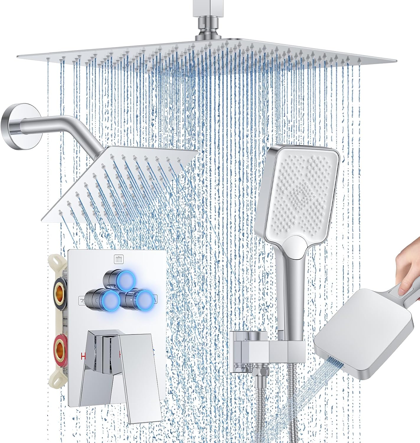 Shower Faucet Set, 12' Ceiling Mount Rainfall Shower System with 2 Rain Shower Head and Multi-function Handheld Head Push Button Diverter Shower Faucet Trim Kit (12', Polished Chrome)
