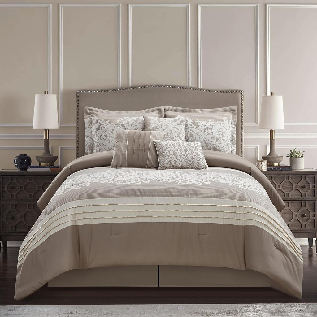 Grand Avenue Taupe Cal King Comforter Set, 7 Piece, Bedding Sets & Collections, Pillow Shams Bedskirt, Jacquard Floral Beddings