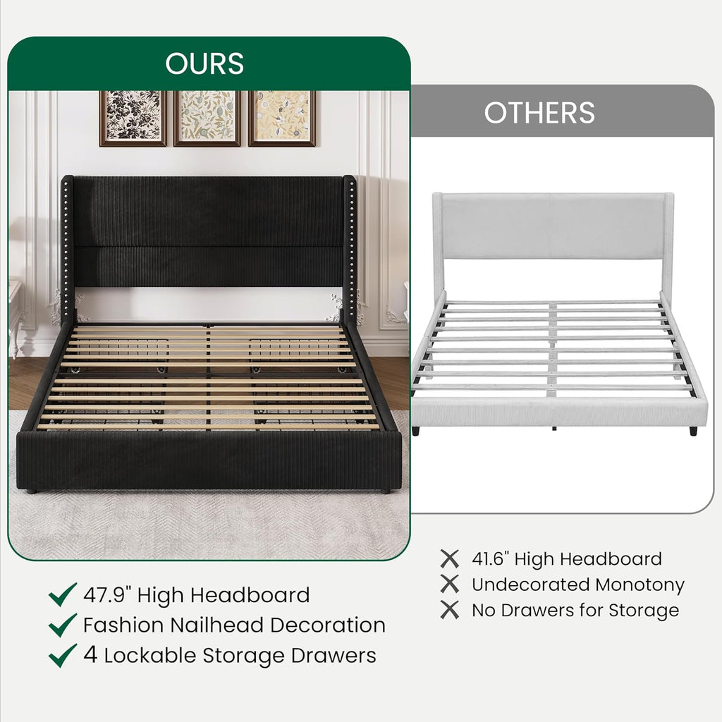 LARMACE Black Queen Bed Frame with Headboard Upholstered Platform Bed Frame Queen Size with 4 Storage Drawers Corduroy Bed Frame with Vertical Stripe,Solid Wood Leg/No Box Spring Needed/Noise Free