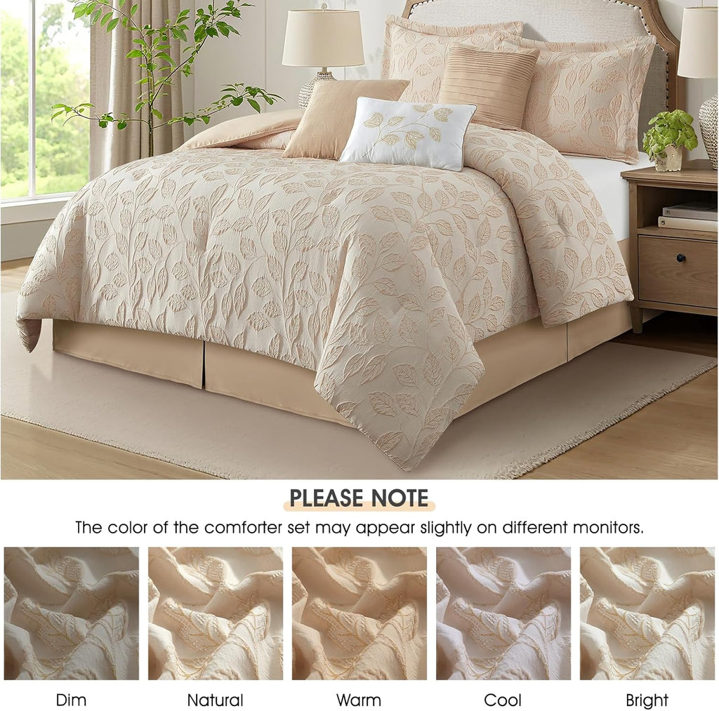 LANCO MODERN LIFESTYLE 7 Pieces Beige Gold Comforter Set, King Size, Jacquard with Matching Solid Microfiber Piecework, 3D Leaves Texture Design, Includes Bed Skirt, Shams, and Decorative Pillows