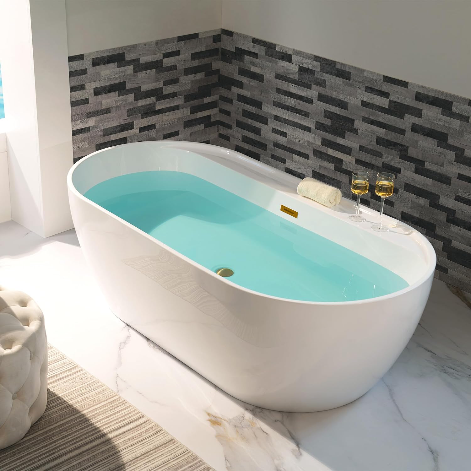 WOODBRIDGE 72' Acrylic Freestanding Bathtub Contemporary Soaking White Tub with Brushed Gold Overflow and Drain,B0059-BG