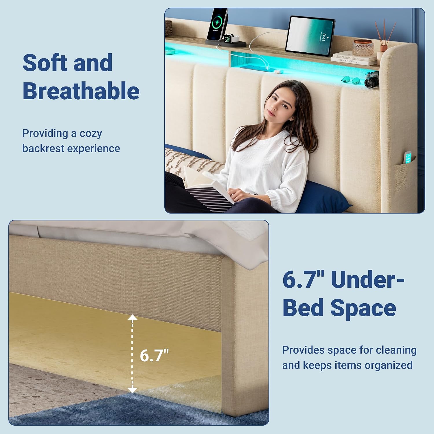 Allewie Vertical Tufted Queen Upholstered Platform Bed Frame with 2-Tier LED Storage Headboard & 2 Storage Drawers, USB & Type-C Charging Ports, Noise-Free/No Box Spring Needed, Beige