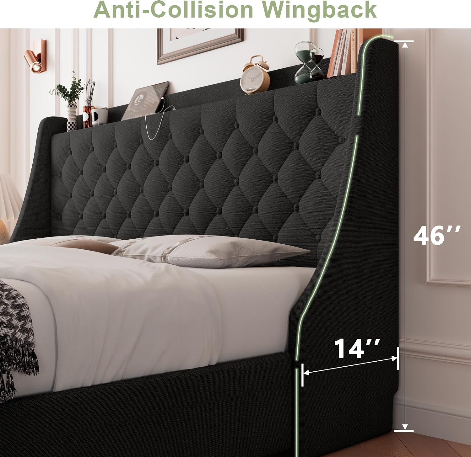 Feonase Upholstered King Size Bed Frame with 4 Storage Drawers, Large Wingback Headboard, No Box Spring Needed, Black