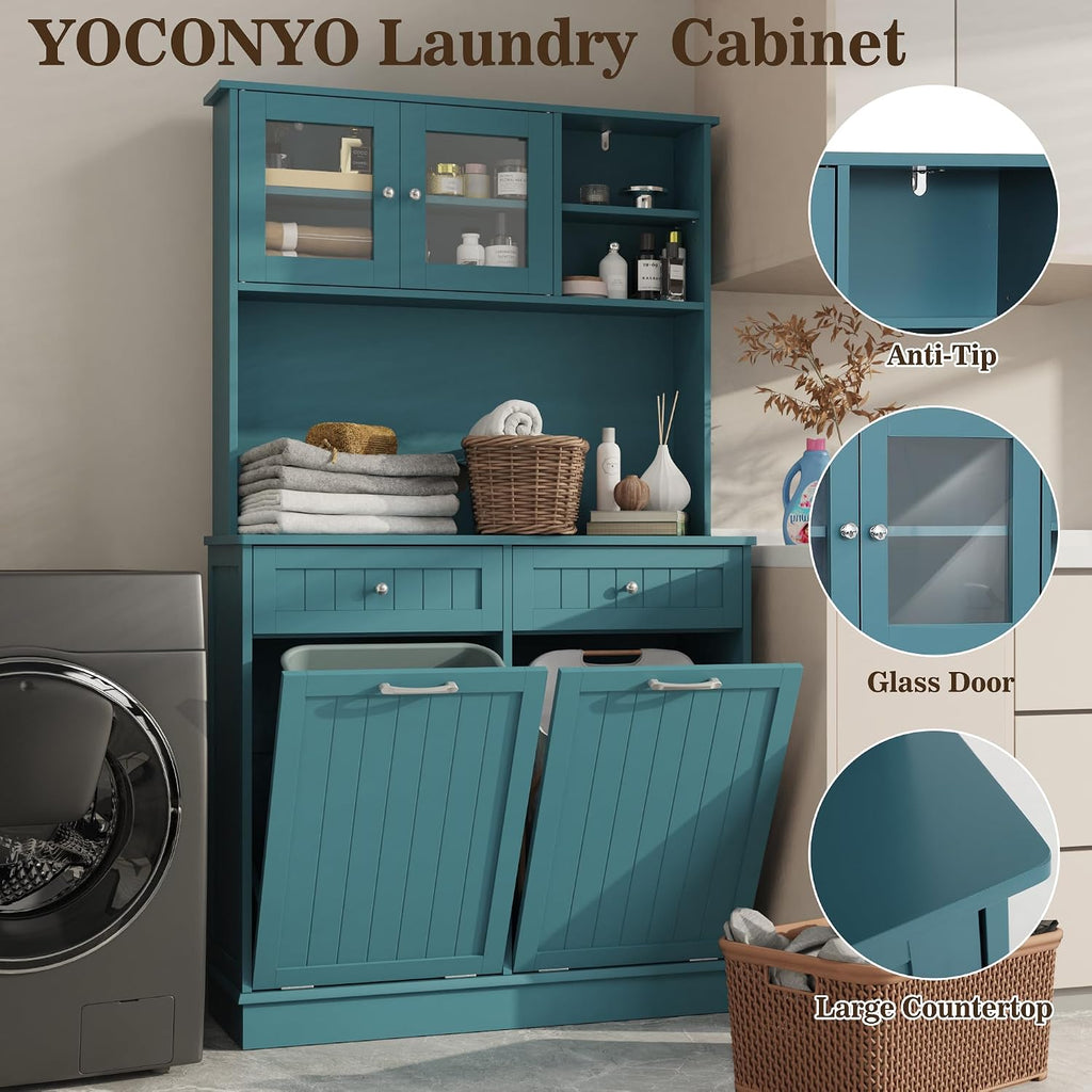 Double Tilt Out Trash Cabinet Storage Cabinet 20 Gallon with Two Solid Wood Hideaway Trash Holder Drawers, Dual Wooden Free Standing Recycling Cabinets Can Bin Kitchen (Teal Blue)