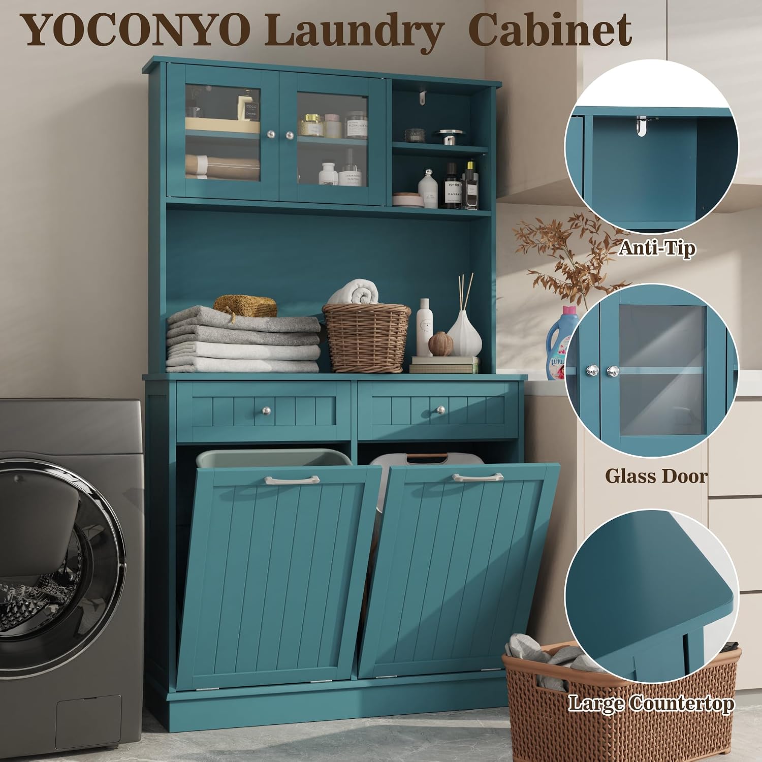 Double Tilt Out Trash Cabinet Storage Cabinet 20 Gallon with Two Solid Wood Hideaway Trash Holder Drawers, Dual Wooden Free Standing Recycling Cabinets Can Bin Kitchen (Teal Blue)