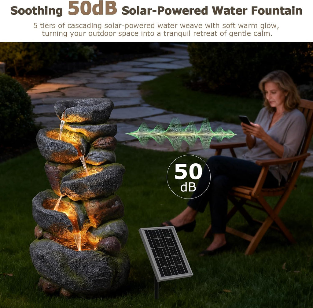 5-Tier Rock Solar Water Fountain Outdoor Garden, 36.2''Tall Cascading Natural Solar Powered Fountain Outdoor with LED Lights, Water Feature for Garden, Patio, Deck, Backyard Decor