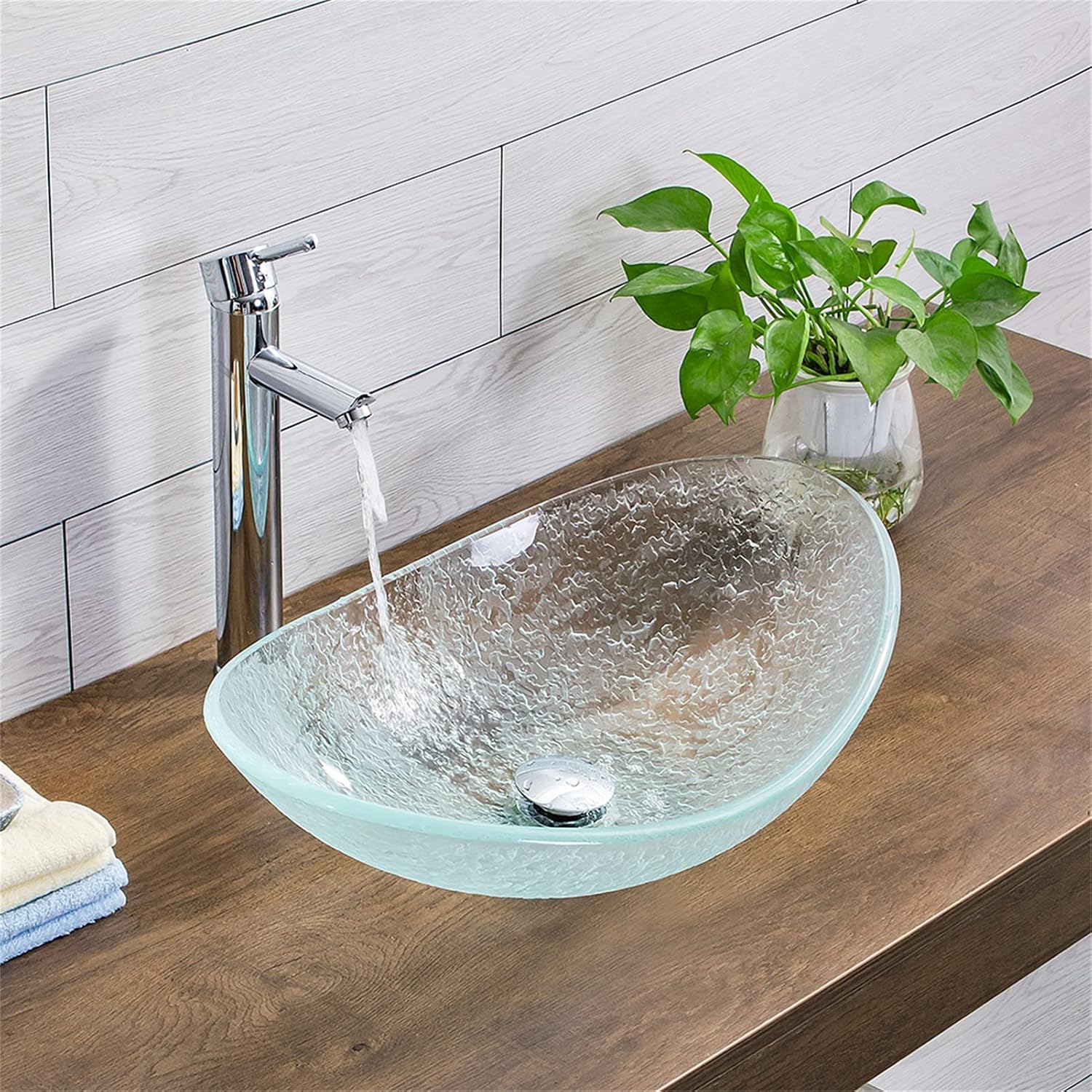 Tempered Glass Vessel Bowl Sink, Top Mount Installation Bathroom Sinks Above Counter, Oval Boat Vanity Countertop Sink Bowl with Chrome Faucet,Single Basin Set (Complete Set)