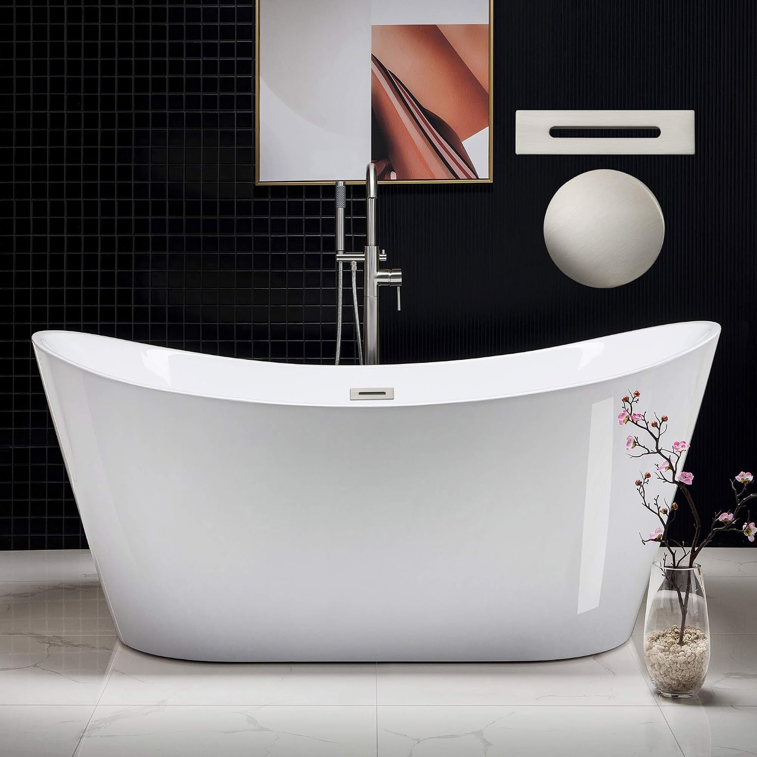 WOODBRIDGE 67' Acrylic Freestanding Bathtub Contemporary Soaking White Tub with Brushed Nickel Overflow and Drain，BTA1515-B-Drain&O