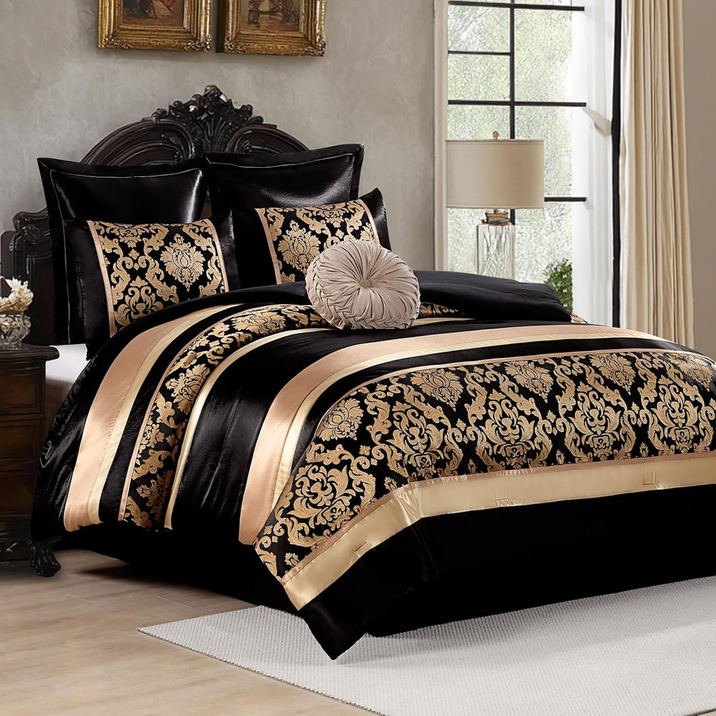 Finlonte Black Gold Comforter Set King Size - Luxury Jacquard Floral 7-Piece Silky Bed in a Bag, Vintage Patchwork All Season Down Alternative Bedding Set with Matching Shams, Pillows, Bed Skirt