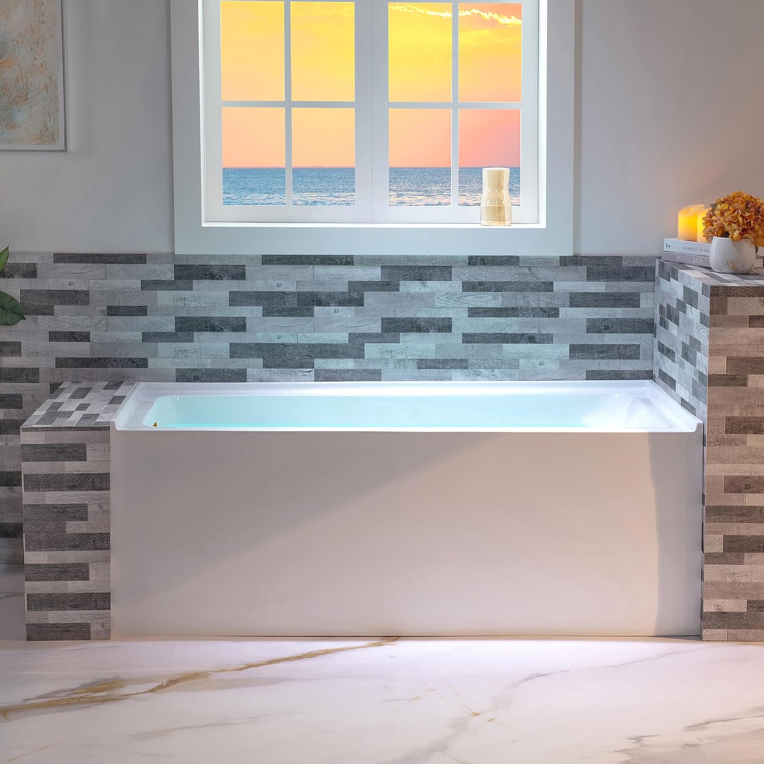 WOODBRIDGE 60' Acrylic Rectangular Alcove Soaking Bathtub in White with Left Drain, Brushed Gold pop-up Drain Included, LB428-L