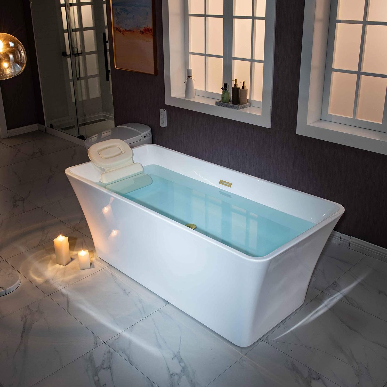 WOODBRIDGE 59' Acrylic Freestanding Bathtub Contemporary Soaking White Tub with Brushed Gold Overflow and Drain，BTA1509 -BG-Drain &O