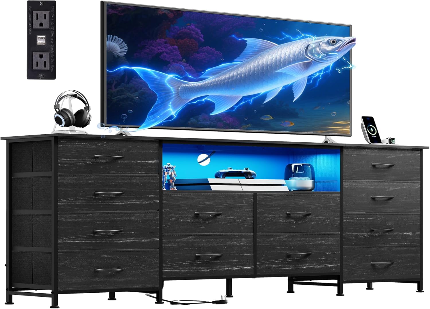 WLIVE 12 Drawer Dresser for Bedroom, Black Dresser TV Stand for 65, 70, 75 inch TV with Led Light & Charging Station, Wide Chest of Drawers with Open Shelves, Fabric Dressers for Closet, Living Room