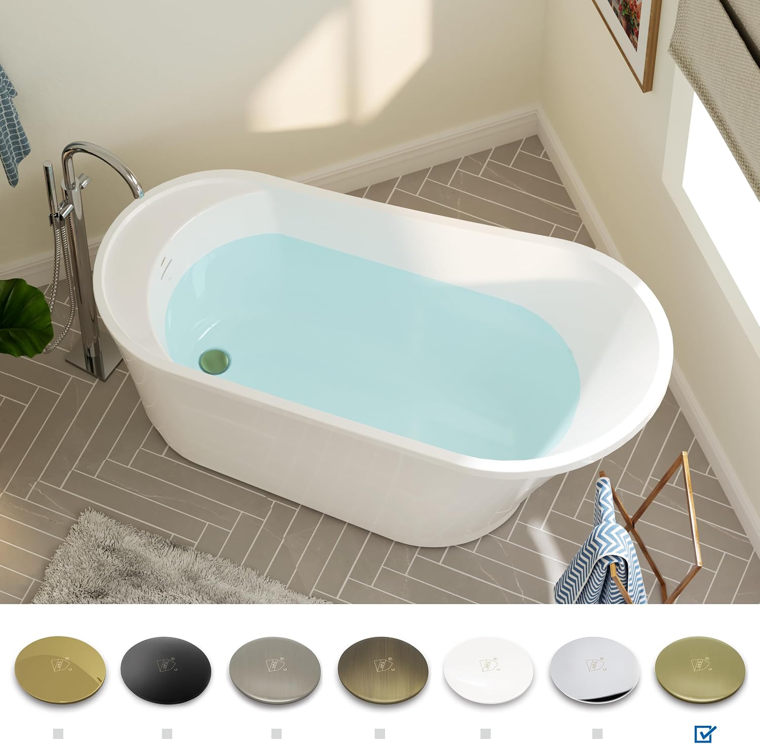 FerdY Langkawi 59' Acrylic Freestanding Bathtub, White Modern Stand Alone Soaking Bathtub, cUPC Certified, Brushed Gold Drain and Minimalist Linear Design Overflow Included, Easy to Install