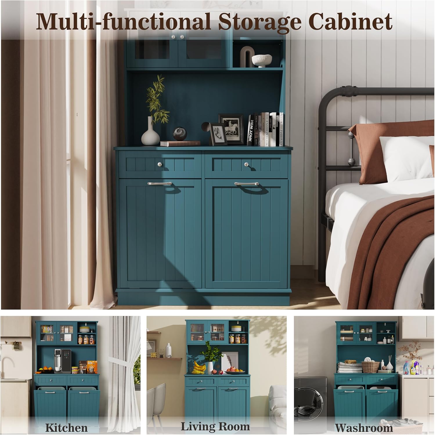 Double Tilt Out Trash Cabinet Storage Cabinet 20 Gallon with Two Solid Wood Hideaway Trash Holder Drawers, Dual Wooden Free Standing Recycling Cabinets Can Bin Kitchen (Teal Blue)