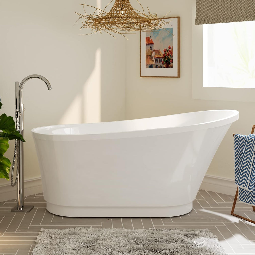 FerdY Langkawi 59' Acrylic Freestanding Bathtub, White Modern Stand Alone Soaking Bathtub, cUPC Certified, Brushed Nickel Drain and Minimalist Linear Design Overflow Included, Easy to Install