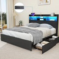 Kiivakii Queen Size Bed Frame with 4 Storage Drawers, LED Headboard with Charging Station, Metal Bed Frames, No Box Spring Needed, Noise Free, Stable and Solid, Black