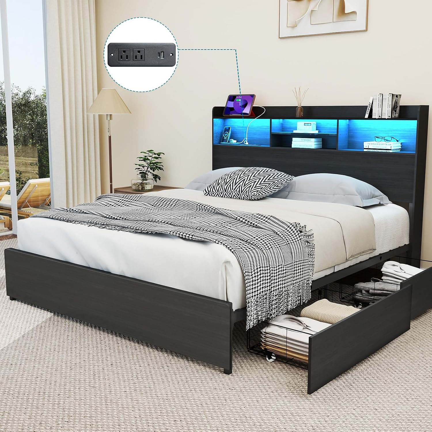 Kiivakii Queen Size Bed Frame with 4 Storage Drawers, LED Headboard with Charging Station, Metal Bed Frames, No Box Spring Needed, Noise Free, Stable and Solid, Black
