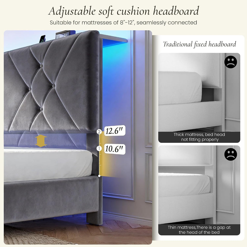 EnHomee Queen Size Platform Bed Frame with Adjustable Headboard and LED Lights, Button Tufted Velvet Headboard with Charging Station, No Box Spring Needed,Easy Assembly，Grey