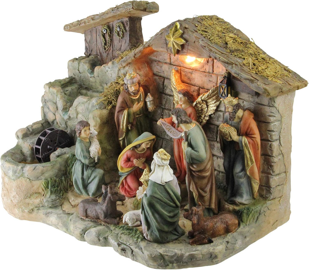 NORTHLIGHT 11-Piece Pre-Lit Brown Christmas Nativity Figurine Set with Water Fountain 11' - Warm White Light