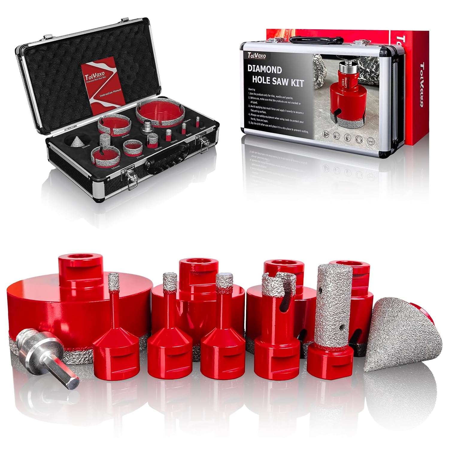Tile Hole Saw Kit, 11Pcs Brazing Diamond Hole Saw Kit with Tile Drill bits 6/8/10/20/35/50/65/100mm, for Marble, Granite, Tiles, Ceramic and More Drilling