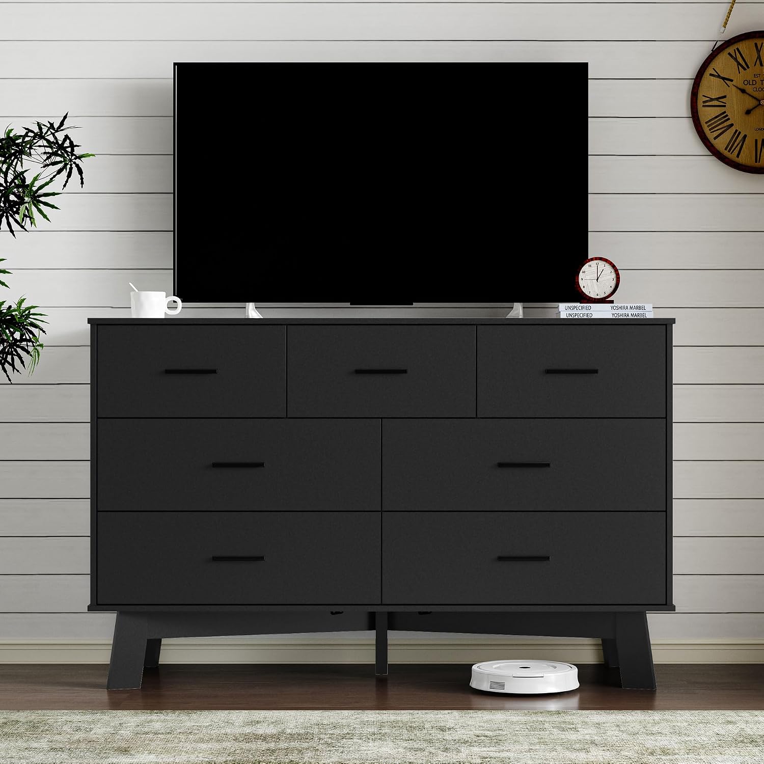 BORNOON Dresser for Bedroom with 7-Drawer, 47.2' Wide Modern Chest of Drawers with Metal Handles, X-Shape Base & Adjustable Center Leg, Anti-Tip Closet Organizers and Storage