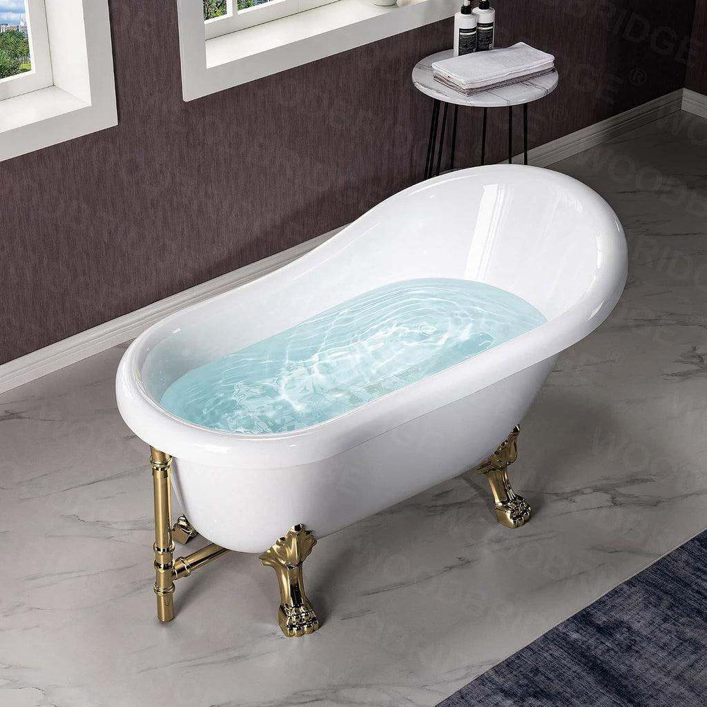 WOODBRIDGE 54' Heavy Duty Acrylic Slipper Clawfoot Bath Tub with Polished Gold Feet + Polished Gold Drain &Overflow