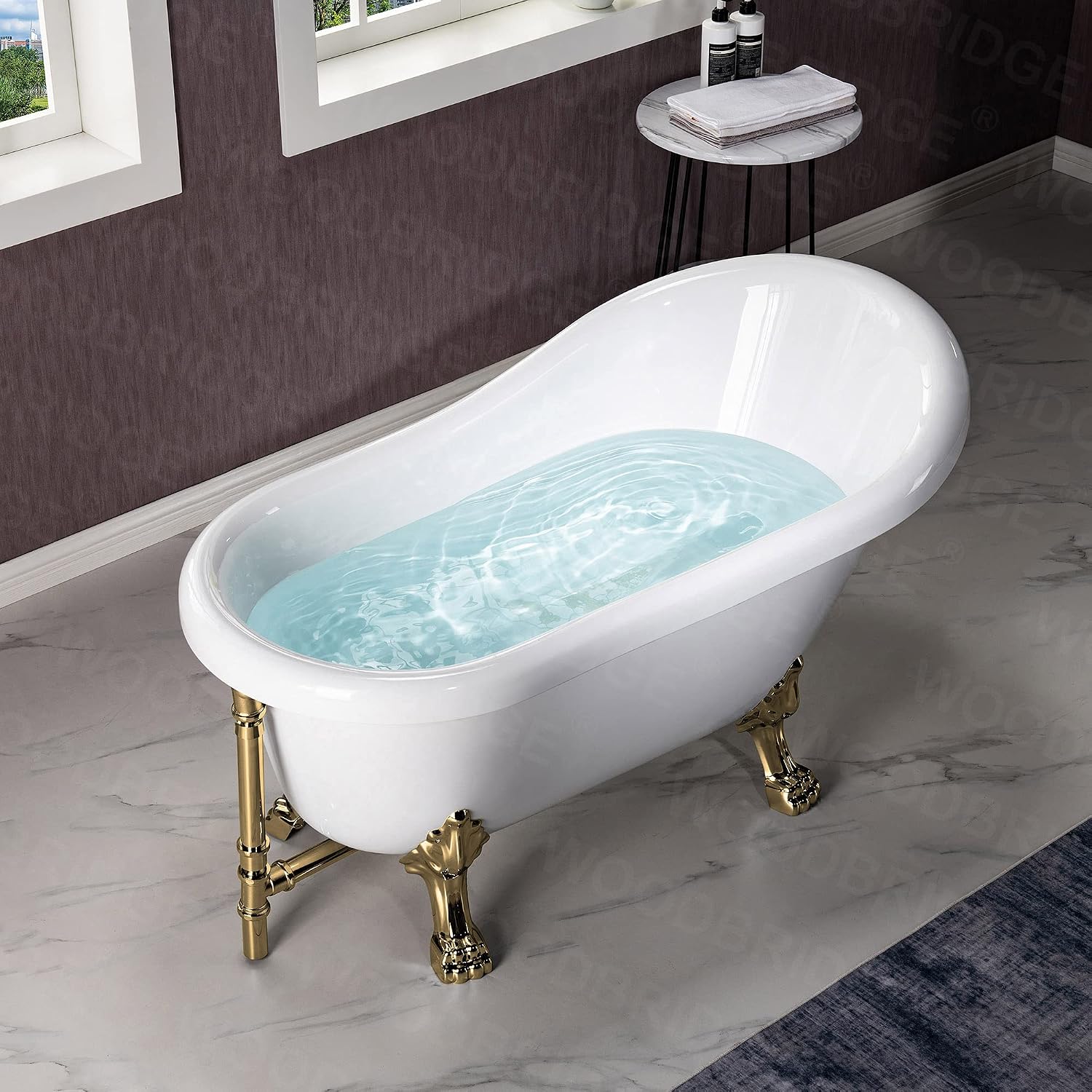 WOODBRIDGE 54' Heavy Duty Acrylic Slipper Clawfoot Bath Tub with Polished Gold Feet + Polished Gold Drain &Overflow