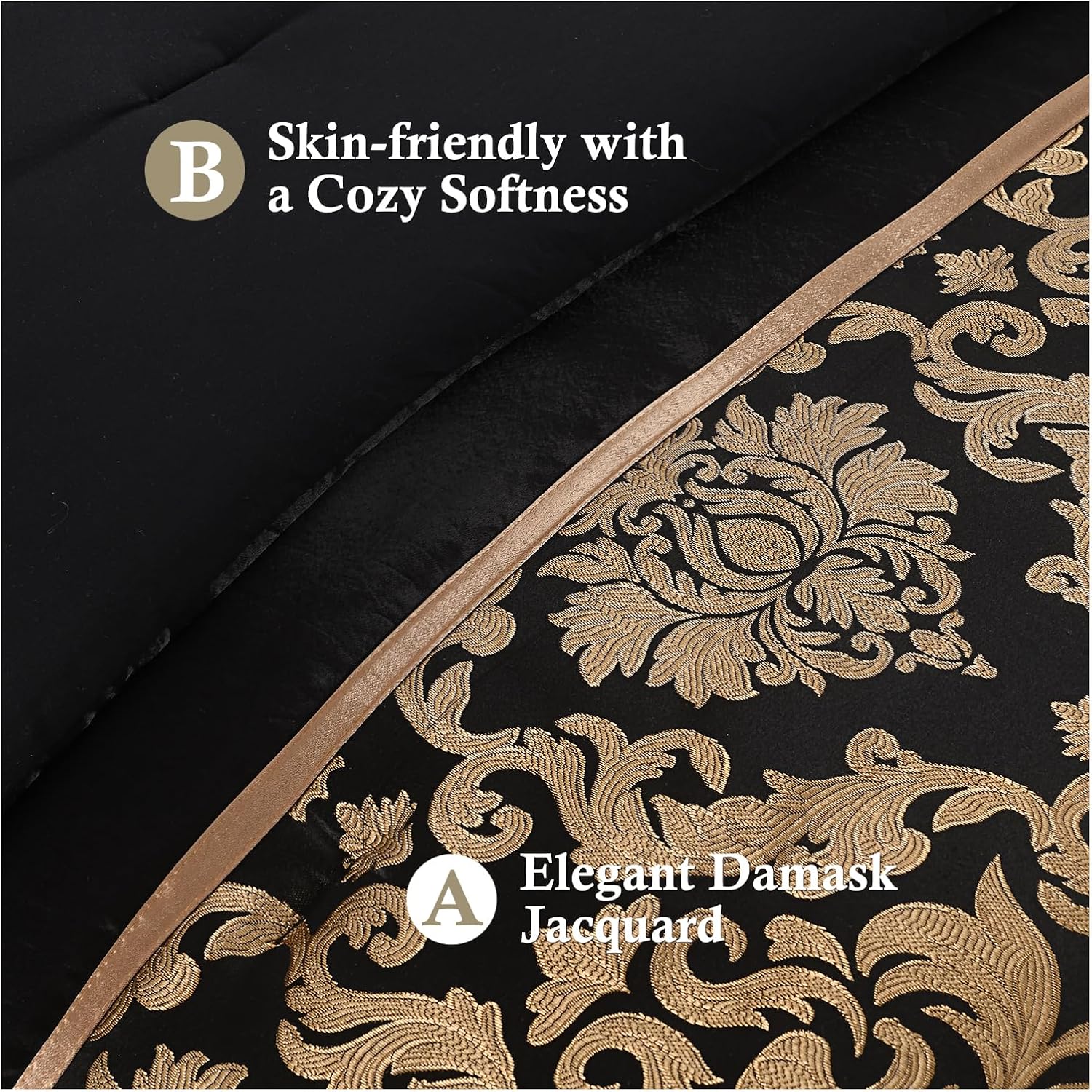Finlonte Black Gold Comforter Set California King - Luxury Jacquard Floral 7-Piece Silky Bed in a Bag, Vintage Patchwork All Season Down Alternative Bedding Set with Matching Pillows, Shams, Bed Skirt