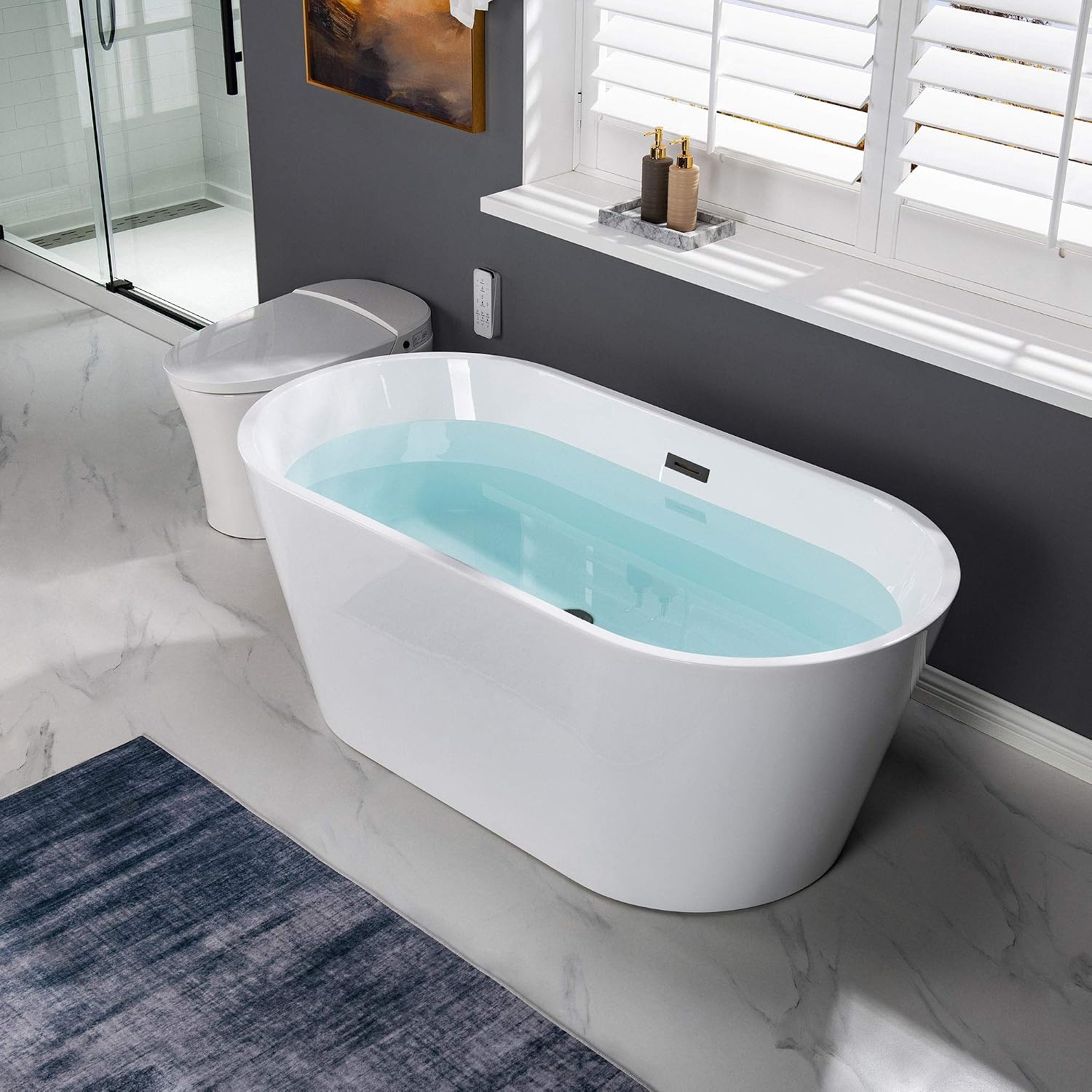 WOODBRIDGE 59' Acrylic Freestanding Bathtub Contemporary Soaking White Tub with Matte Black Overflow and Drain，BTA1514 -MB-Drain &O