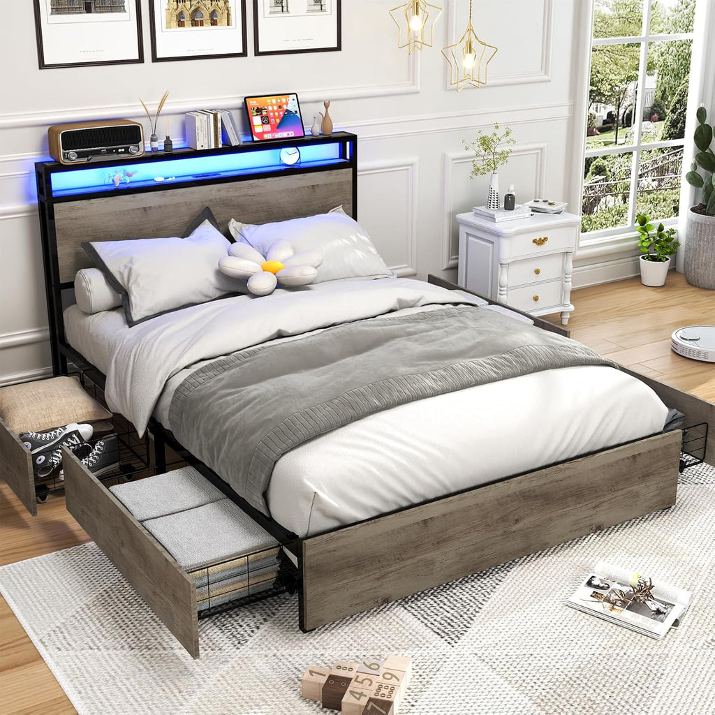 Kiivakii Full Size Bed Frame with 4 Storage Drawers, LED Platform Bed Frames with Headboard, Built in Charging Station, Noise Free, Stable and Solid, No Box Spring Needed, Gray