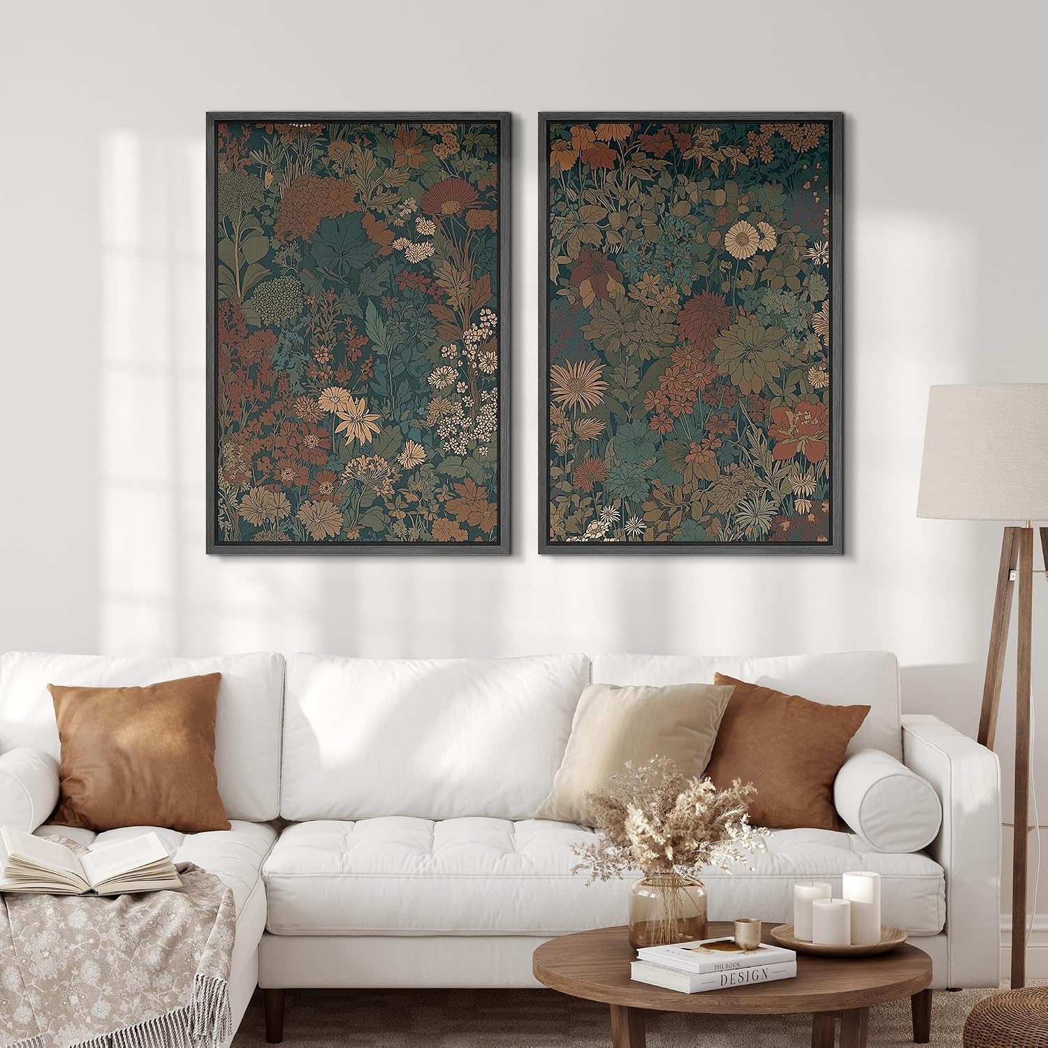 SIGNFORD Framed Canvas Print Wall Art Set Vintage Botanical Floral Dark Green and Rust Toned Illustration Modern Art Decorative Nordic Nature for Living Room, Bedroom, Office - 24'x36'x2 Black