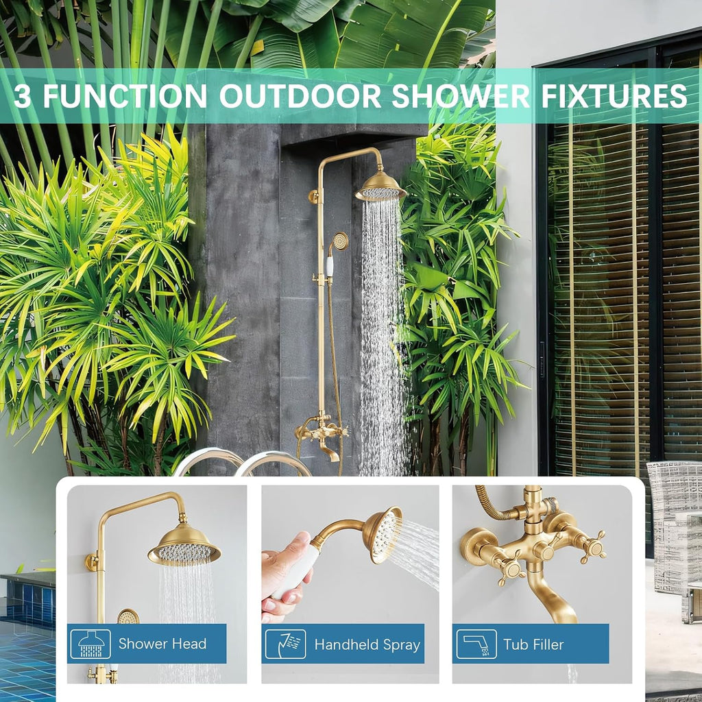 Antique Brass Shower System Bathroom Shower Faucet Set with 8 Inch Shower Head Handheld Spray and 360 ° Rotation Tub Spout 2 Cross Handles Outdoor Shower Fixtures