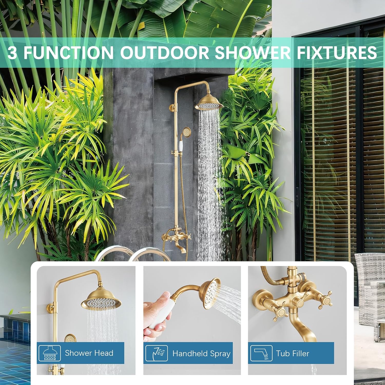 Antique Brass Shower System Bathroom Shower Faucet Set with 8 Inch Shower Head Handheld Spray and 360 ° Rotation Tub Spout 2 Cross Handles Outdoor Shower Fixtures