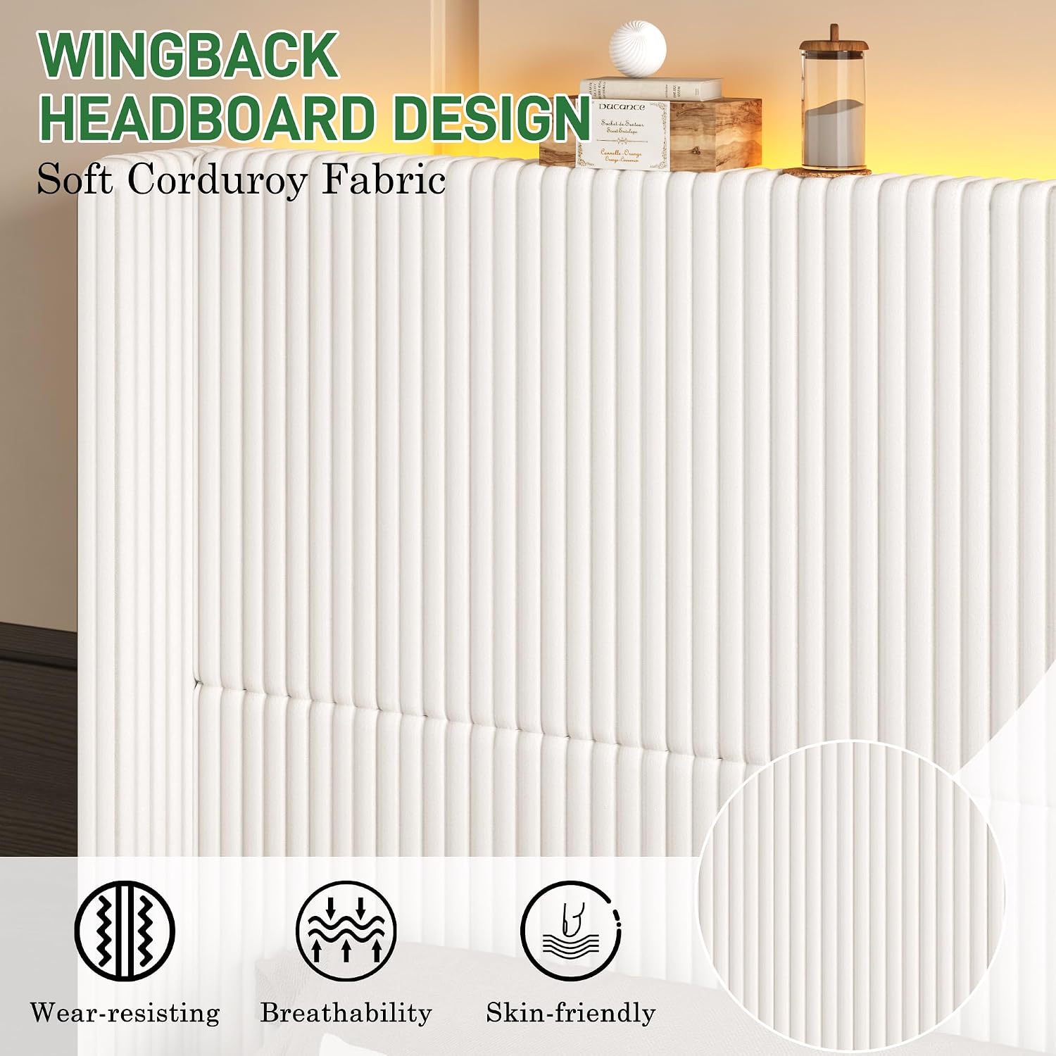 Hlivelood Twin Size Bed Frame with 52' Tall Corduroy Wingback Headboard, Upholstered Platform Bed with 2 Storage Drawers & LED Lights, Vertical Stripes, No Box Spring Needed, Noise-Free, Cream