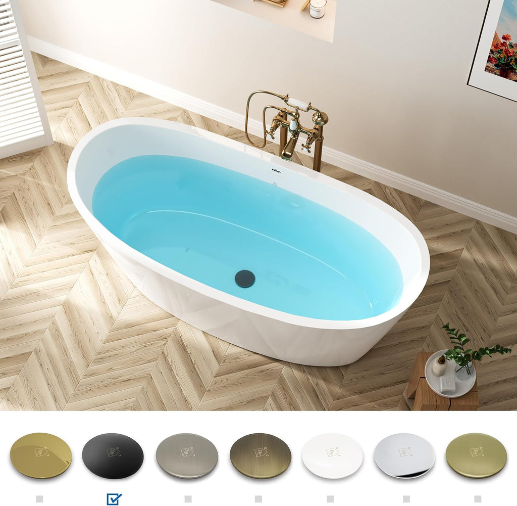 FerdY Naha Elite 59' Acrylic Freestanding Bathtub, Curve Edge Freestanding Soaking Bathtub, Glossy White, cUPC Certified, Matte Black Drain & Minimalist Linear Design Overflow Included