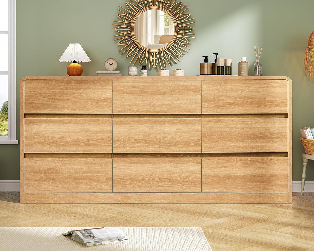 TEENFON 9 Drawer Dresser for Bedroom, 63' Wide Dressers & Chest of Drawers with Curved Profile Design, Wood Closet Storage Dressers Organizer for Bedroom, Living Room, Natural