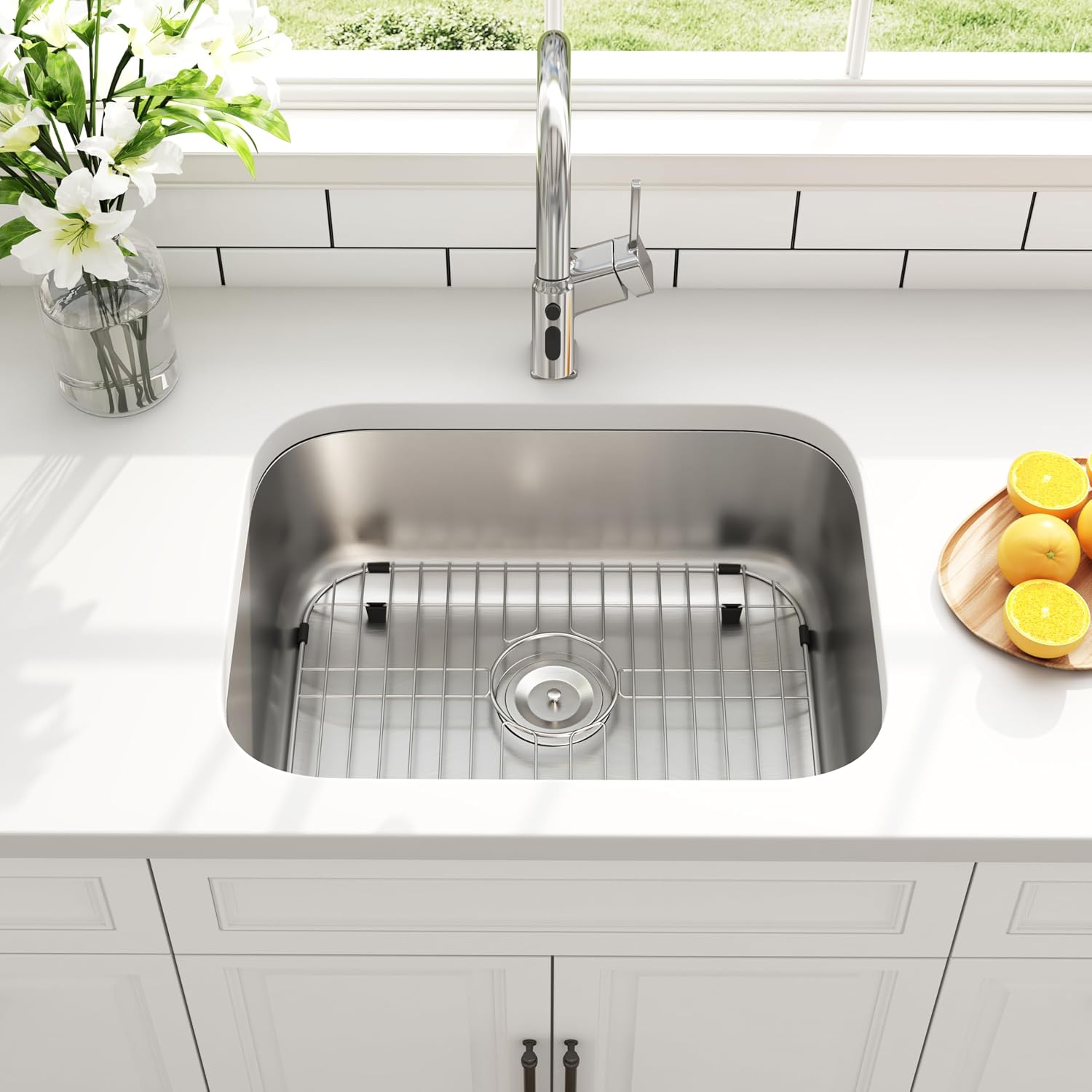 23 Inch Undermount Kitchen Sink 18 Gauge Stainless Steel Single Bowl Commercial Grade Satin Finish Bar Prep Sinks with Basket Strainer and Protected Grid 23' x 18' x 9'