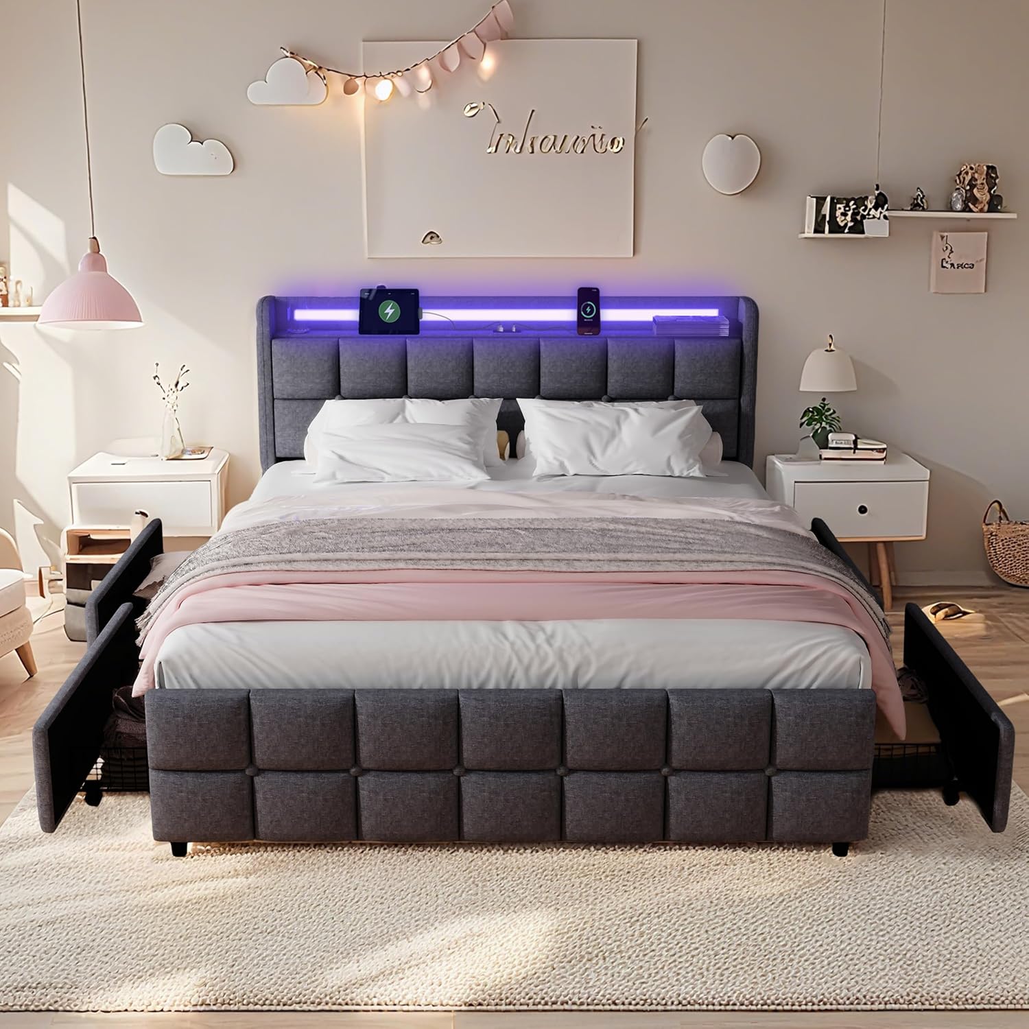 Modern LED Storage Bed with Charging Station All-Metal Platform Bed Frame Featuring 2-Tier Headboard, 4 Storage Drawers, and Easy Assembly(201-Gray, Full)