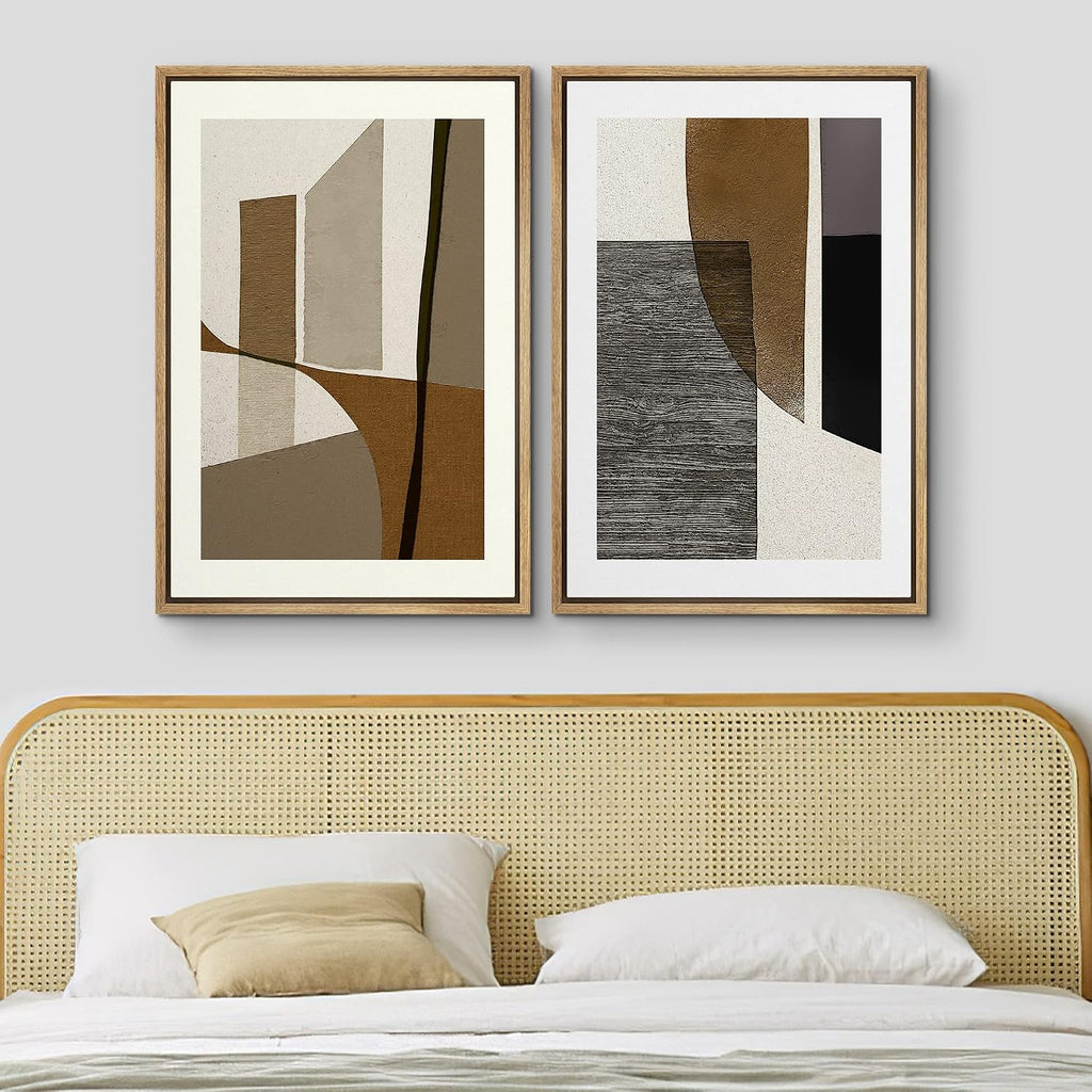 MUDECOR Framed Canvas Print Wall Art Set Mid-Century Retro Polygon Collage Abstract Shapes Illustrations Modern Art Decorative Bohemian Calm/Zen for Living Room, Bedroom, Office - 24'x36'x2 Natural