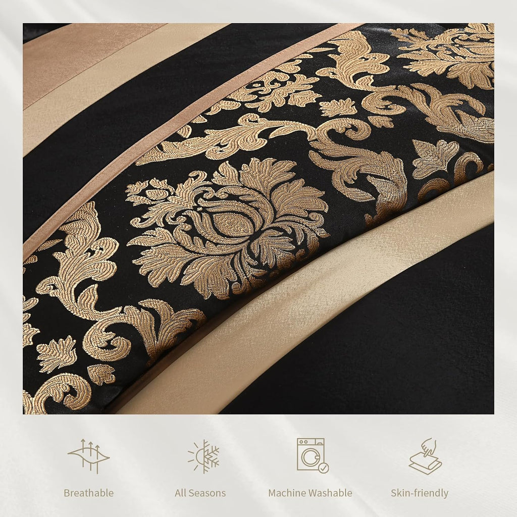 Finlonte Black Gold Comforter Set California King - Luxury Jacquard Floral 7-Piece Silky Bed in a Bag, Vintage Patchwork All Season Down Alternative Bedding Set with Matching Pillows, Shams, Bed Skirt