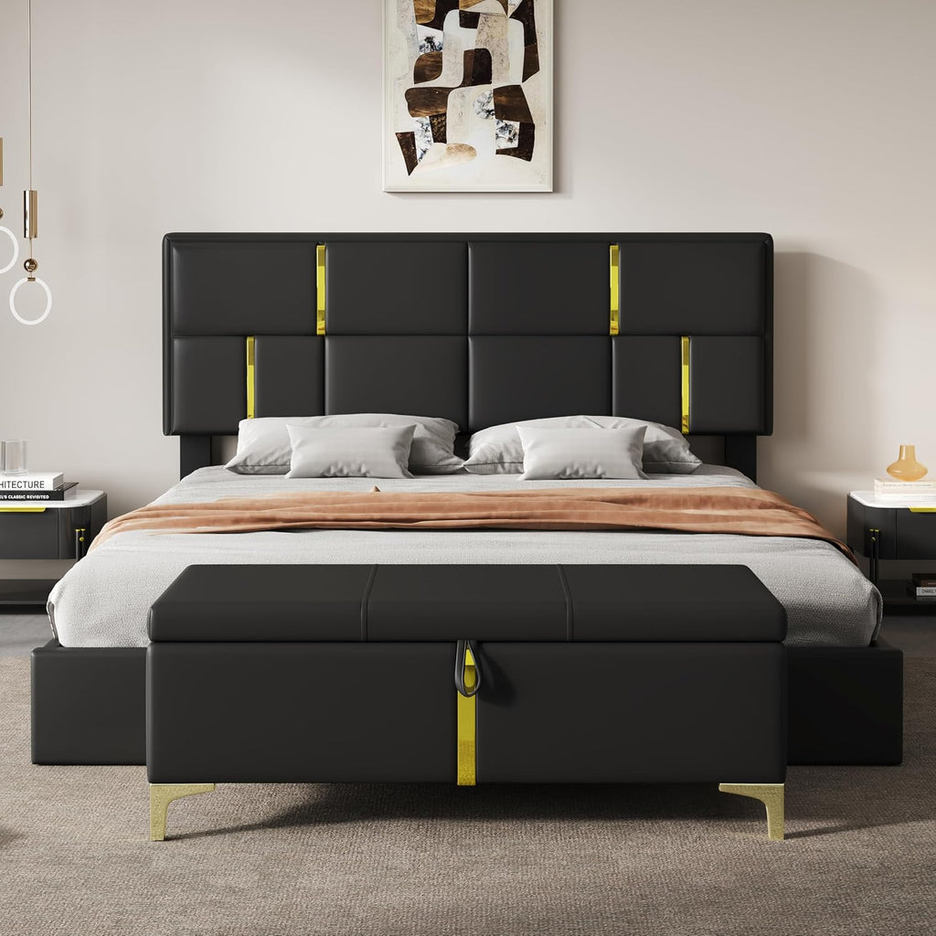 2-Pieces Bedroom Sets, Queen Size PU Upholstered Platform Bed with Hydraulic Storage System, Wood Platform Bed Frame with Metal Legs Storage Ottoman for Kids Teens Adults Bedroom, Black